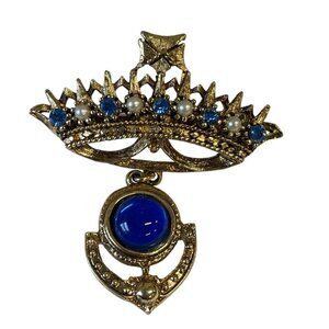 Vintage Gold-Tone Crown Brooch With Blue Rhinestones & Pearls
